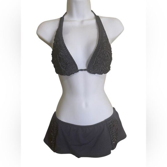 Rare Betsey Johnson Y2K Crochet Gray Cabaret 3 Piece Bikini Set SZ Medium Retro - Picture 4 of 15